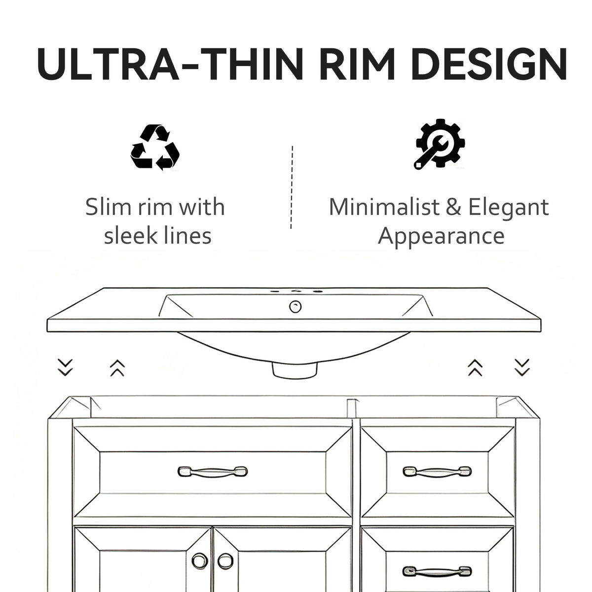Basin Sink, 0.6" Ultra Thin Profile, Triple Faucet Holes