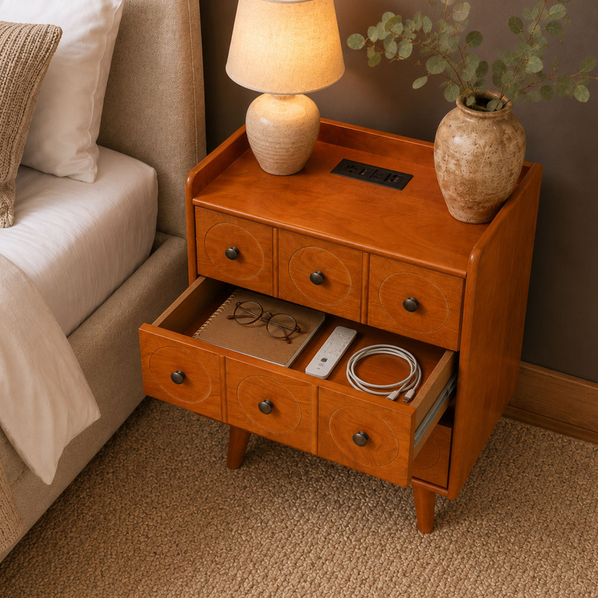 3 Drawer End Table With Charging Station For Bedroom - Natural Wood
