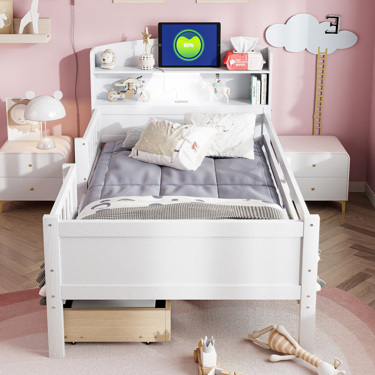 Platform Bed With LED Light, Multi Functional Headboard, Guardrail And 2 Drawers