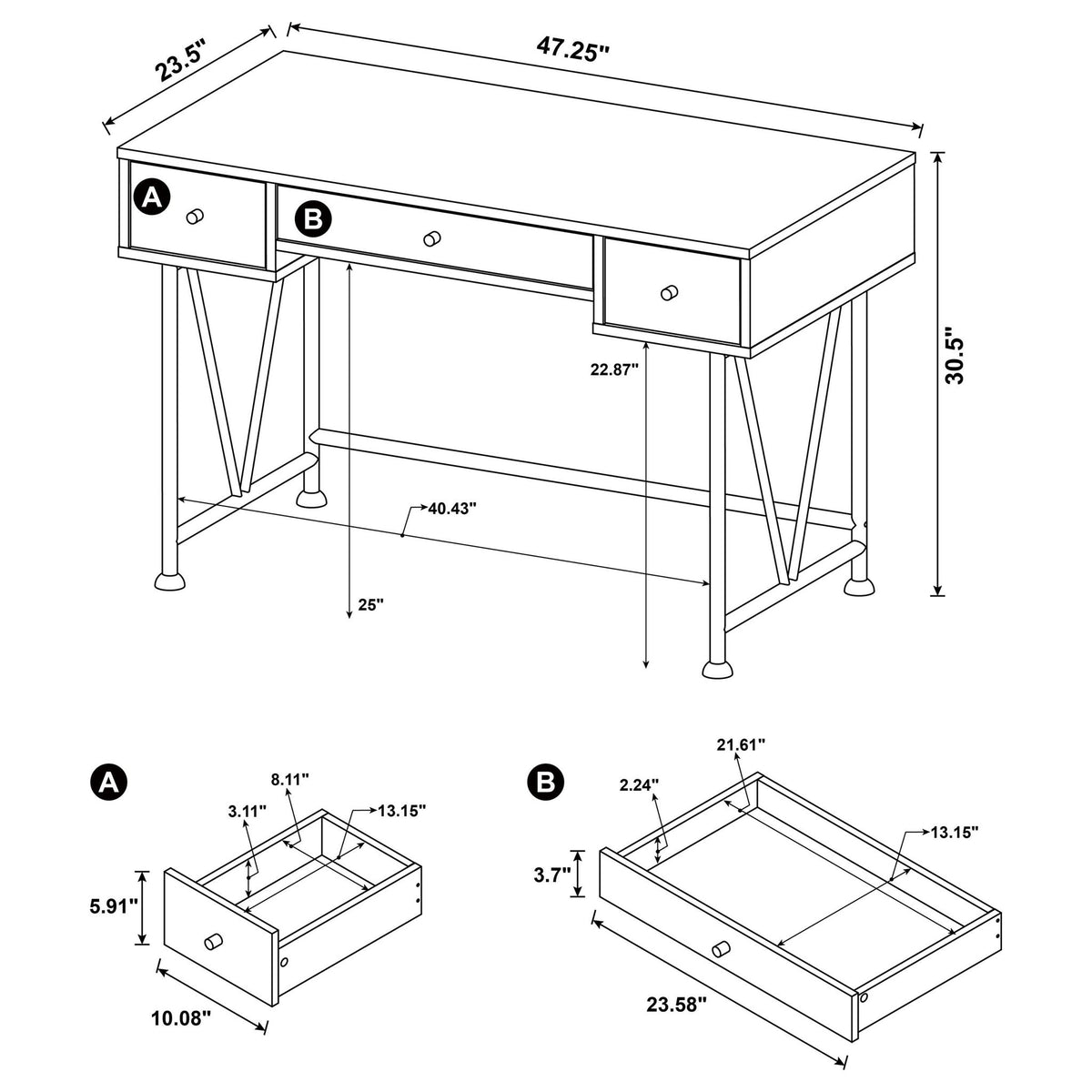3 Drawer Writing Desk With Handles - Brown