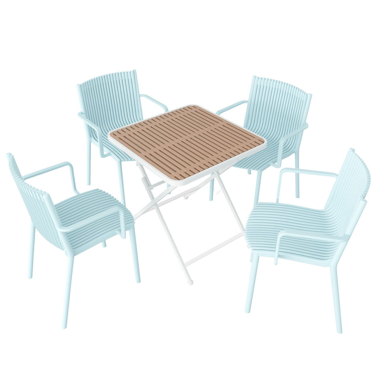 4 Modern Stackable Plastic Armchair Matched With Folding Square Table