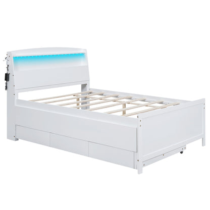Full Size Platform Bed With Storage LED Headboard, Twin Trundle And 3 Drawers - White