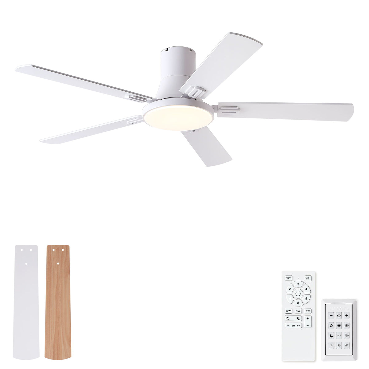 Flush Mount Ceiling Fans With LED Light And Remote Control, 5 Blades