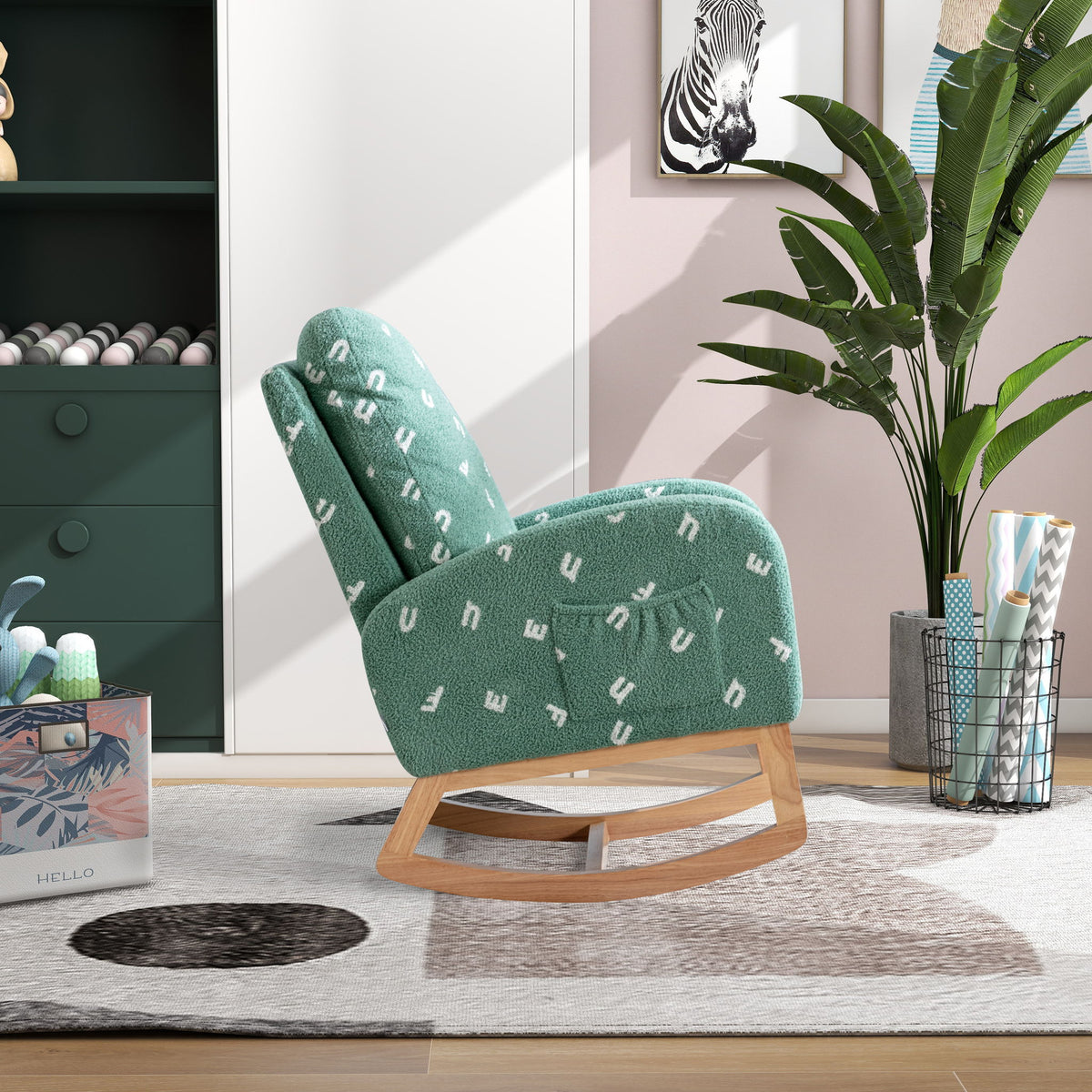 Modern Accent Rocker Armchair With Side Pocket, Upholstered High Back