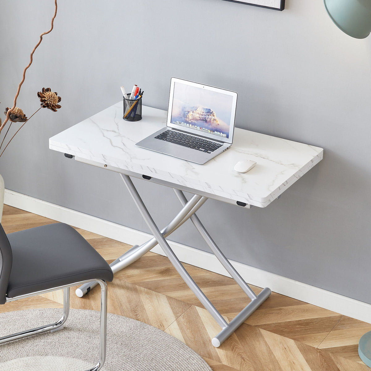 Modern Minimalist Multifunctional Lift Table With Metal Legs - White / Silver