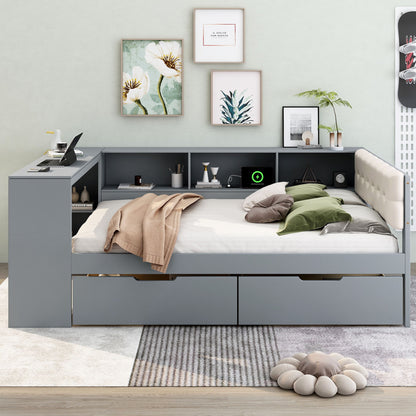 Upholstered Headboard Platform Bed With Storage Shelves, Drawers, Charging Station