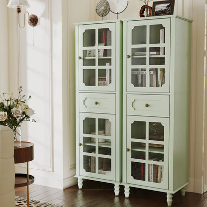Storage Cabinet, Freestanding Curio Cabinet With Grid Doors & Drawer, Pantry Display Cabinet For Kitchen