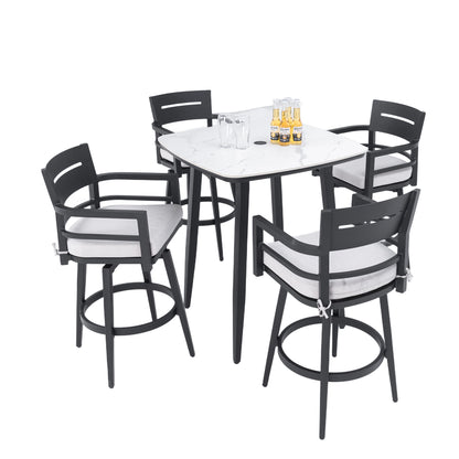 Modern Outdoor Patio Bar Set, Rounded Square Table & Bar Chairs, Non Rust Frame, Tapered Legs, Sunbrella Cushion