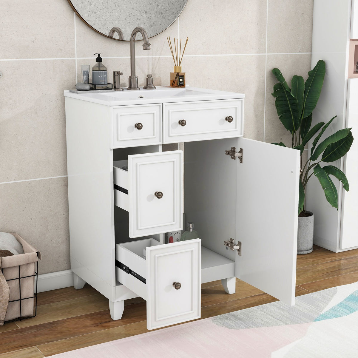 Transitional Style Bathroom Vanity Cabinet With Ceramic Sink
