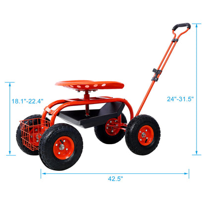 Rolling Garden Scooter Cart Seat With Wheels, 360 Swivel, Tool Tray