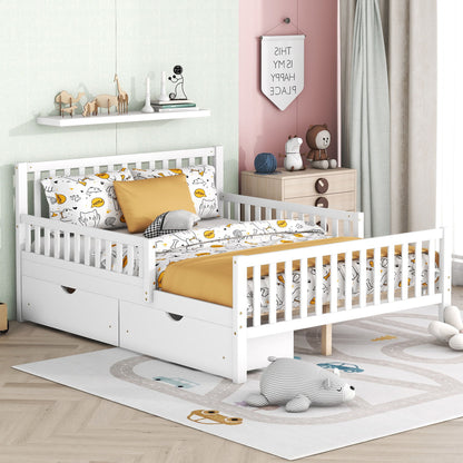 Platform Bed With Guardrails On Both Sides And 2 Storage Drawers