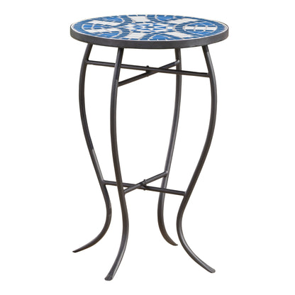 Outdoor Round Side Table With Mosaic Style Top And Curved Iron Legs - Blue / Matte Black