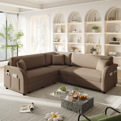 L-Shaped Couch With Pull-Out Bed, Oversize Convertible Sleeper Sofa With Side Pocket & USB Port