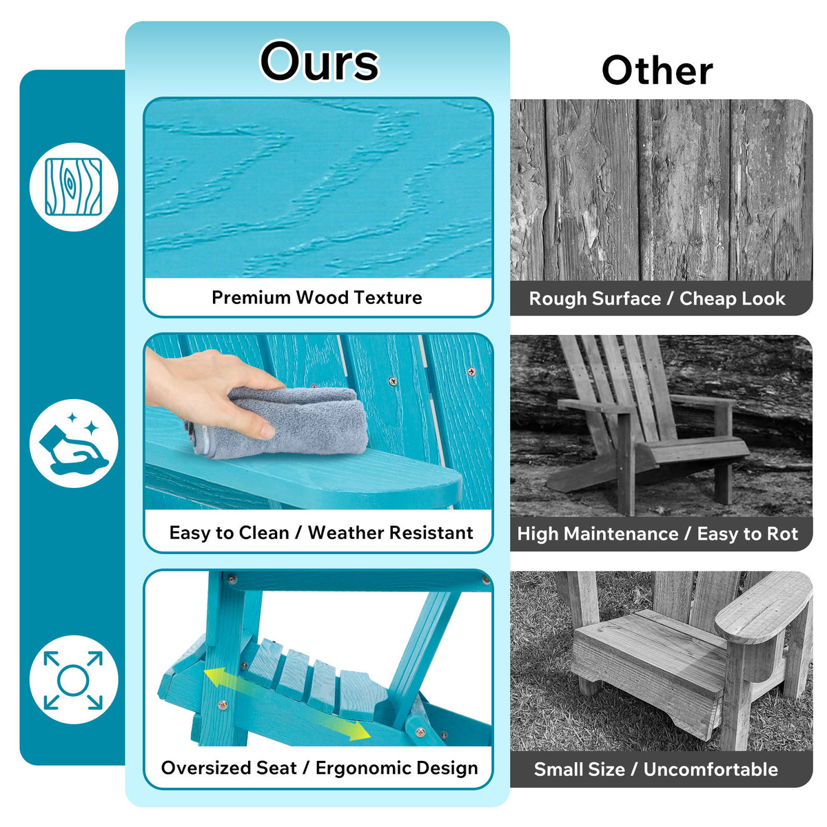 Outdoor Folding Adirondack Chair Patio With Natural Grain Texture - Turquoise Blue