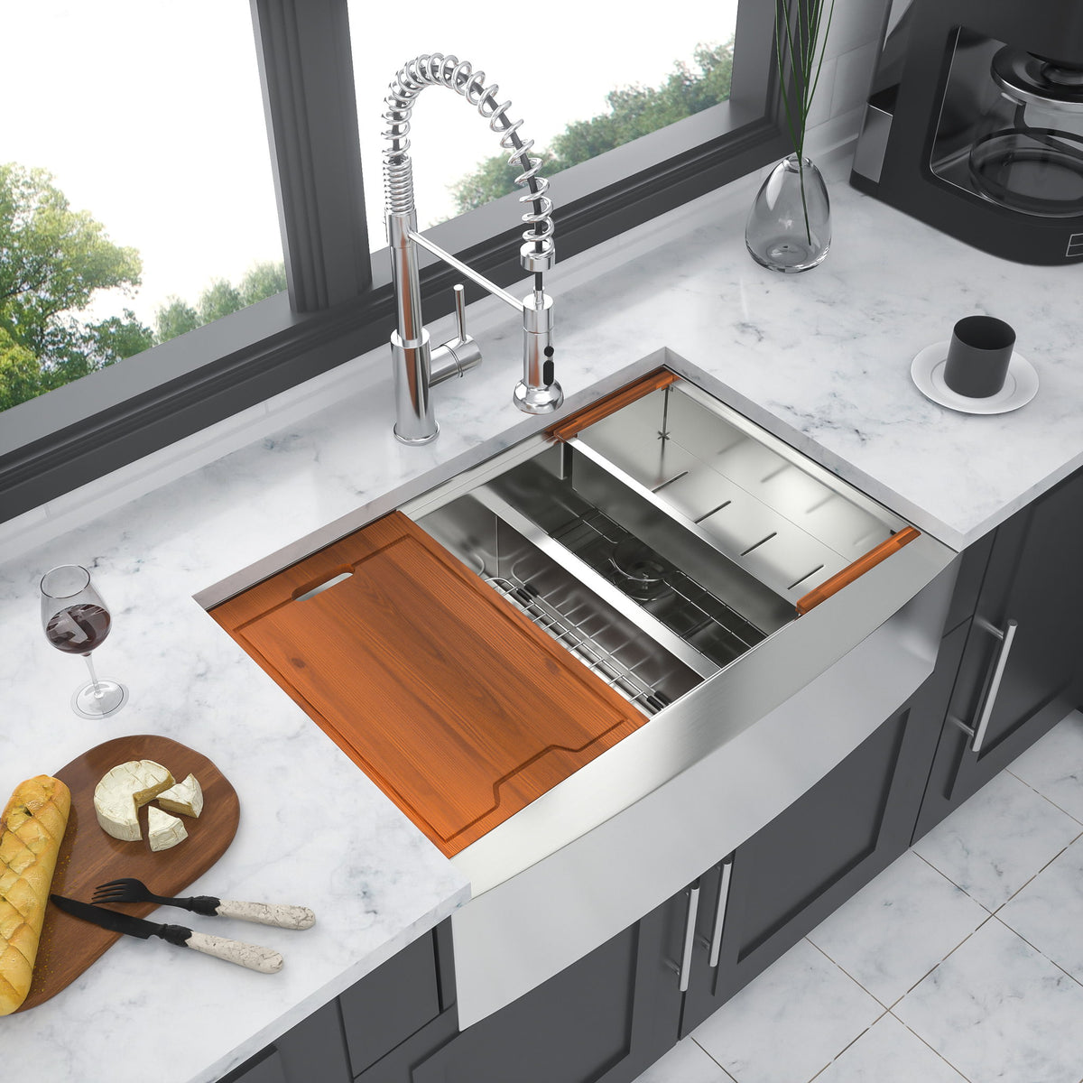 Double Bowl Farmhouse Sink Workstation 33" Stainless Steel 16 Gauge Apron Front - Brushed Nickel