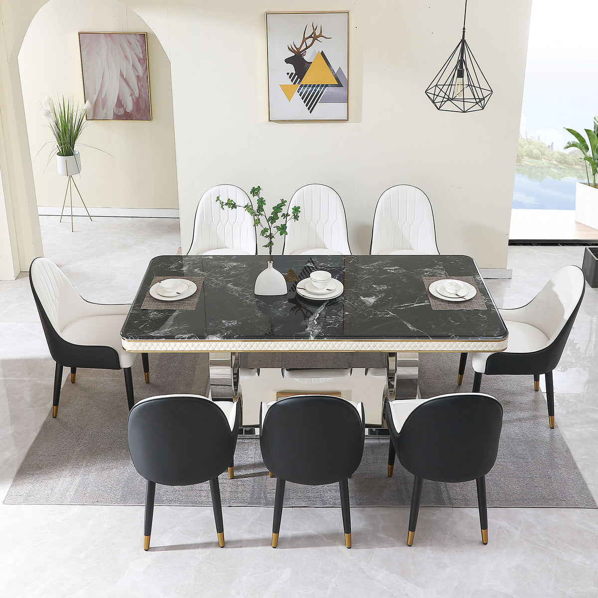 Luxury Modern Dining Table With Faux Marble Top And Dual Circle Base - Black