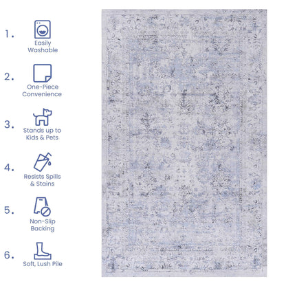 Maval - 8' X 10' Washable Area Rug - Blue / Cream
