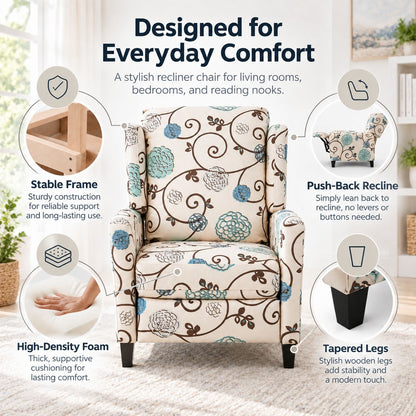 Wingback Recliner Chair With Padded Arms - Beige