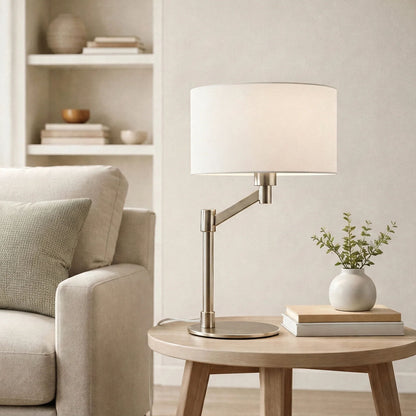 Horizon - Table Lamp With On / Off Switch Curved Base Linen Shade - Brushed Nickel / Silver / White