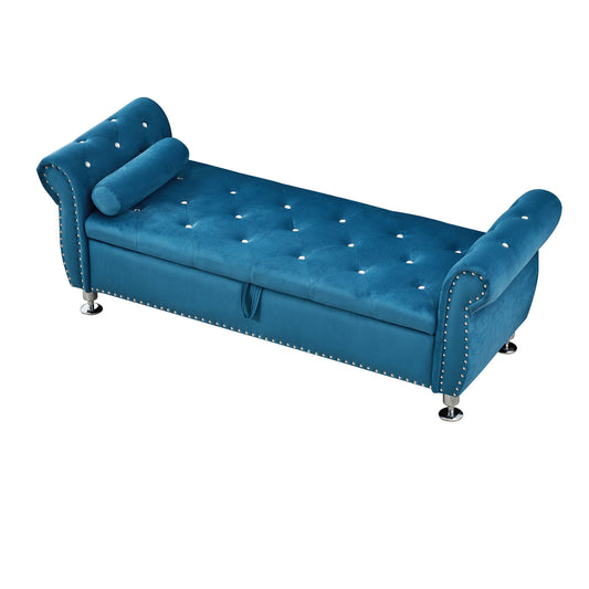 Storage Bench With Crystal Buttons And 1 Pillow For Bedroom