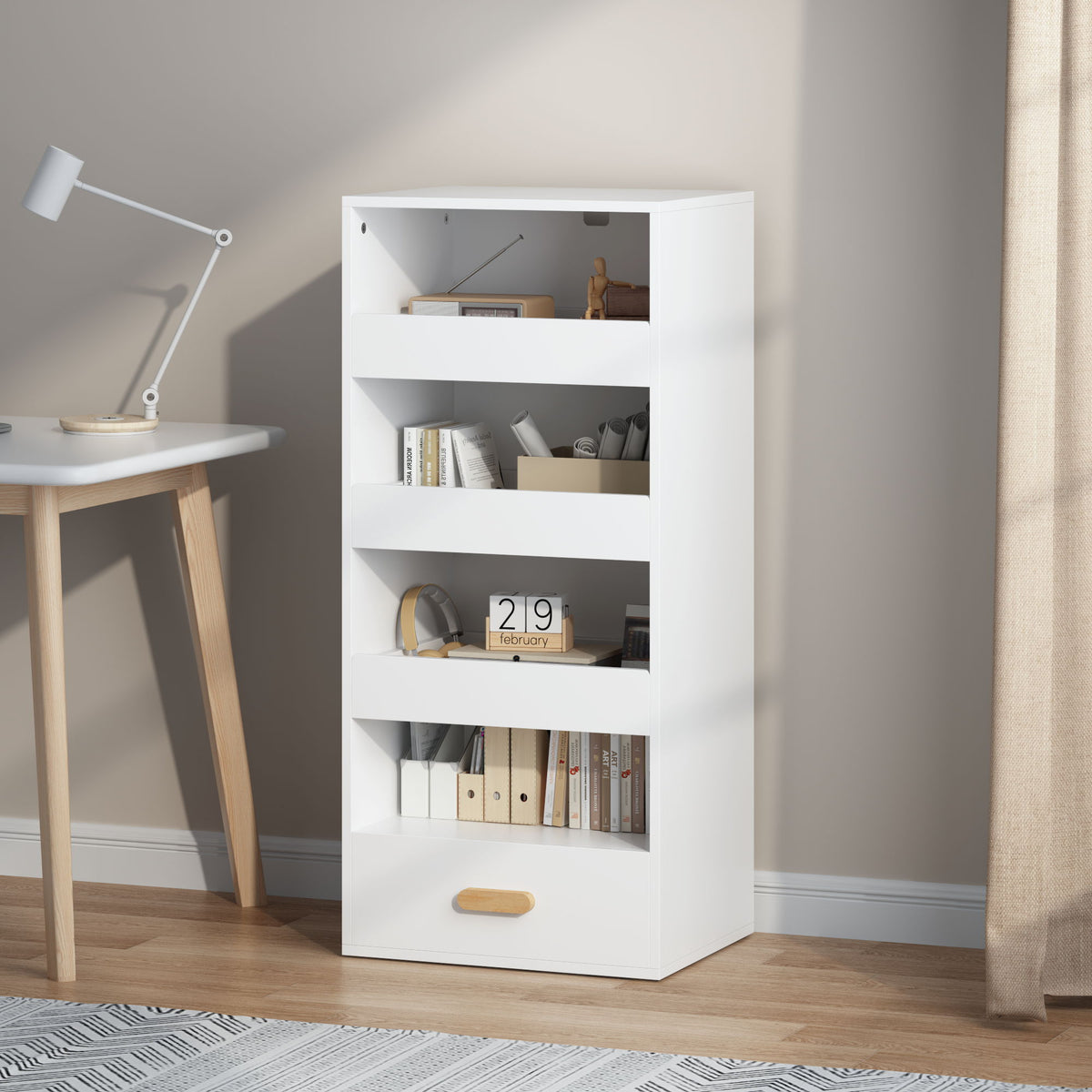 4 Tier Freestanding Bookshelf With 3 Sliding Drawers And 1 Bottom Drawer - White