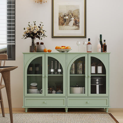 Green Arched Glass Sideboard Buffet Cabinet, 2 Drawers & 4 Glass Doors Storage Credenza, Display Cabinet With Adjustable Shelves, Modern Kitchen Cupboard For Dining Room Living Room Entryway