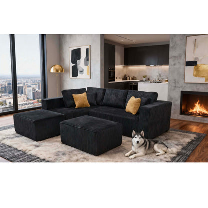 Upholstered Sectional With 2 Moveable Ottomans - Black