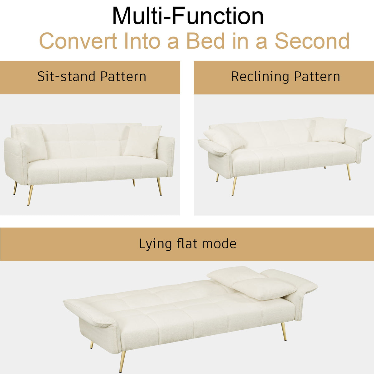 Convertible Double Futon Sofa Bed With Folding Armrests For Living Rooms