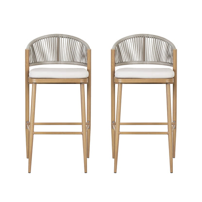Outdoor Bar Height Metal Frame Counter Stools With Scallop Shaped Backrest & Water Resistant Cushions