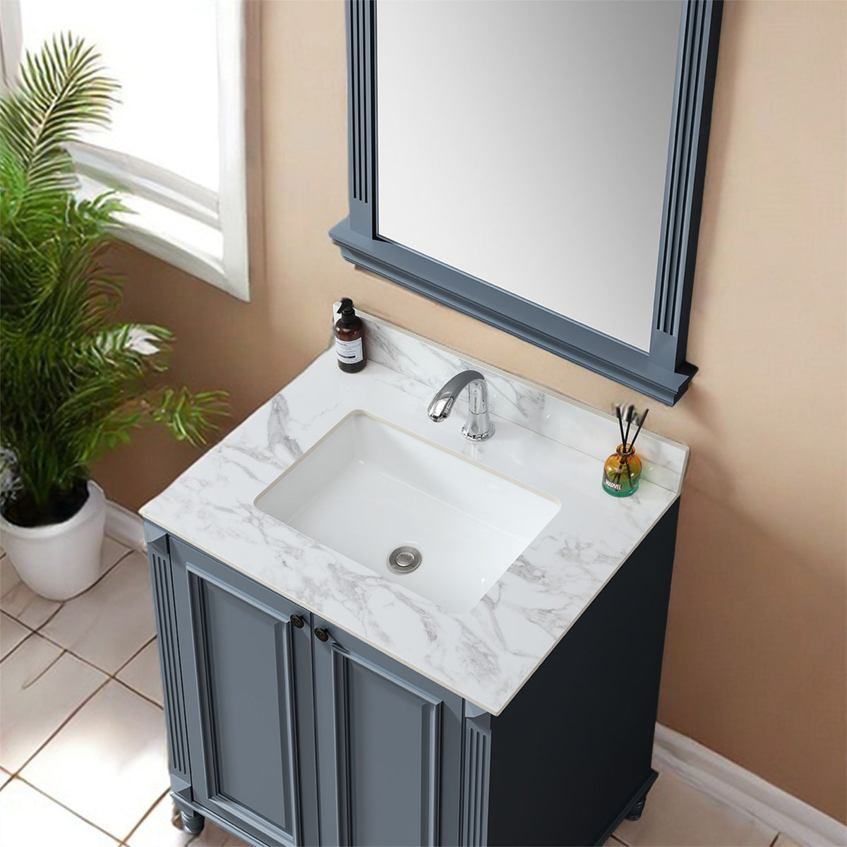Elegant Bathroom Vanity Top With Rectangular Ceramic Sink And Backsplash