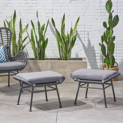 Outdoor Modern Boho Wicker Ottoman With Cushions (Set of 2)