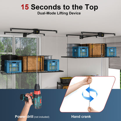 Overhead Garage Storage Rack For High Ceilings, Construction With Safety Lock - Black