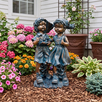 Boy And Girl Statues Garden Lawn Ornaments For Indoor Outdoor Use - Blue Multi / Brown