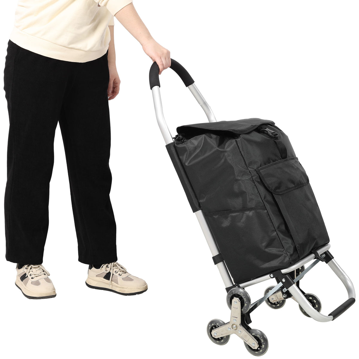 Foldable Shopping Stair Trolley With Triangular Wheels And Removable Waterproof Bag - Black