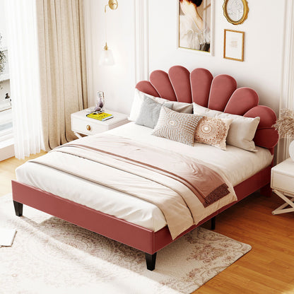 Upholstered Platform Bed With Flower Pattern Headboard