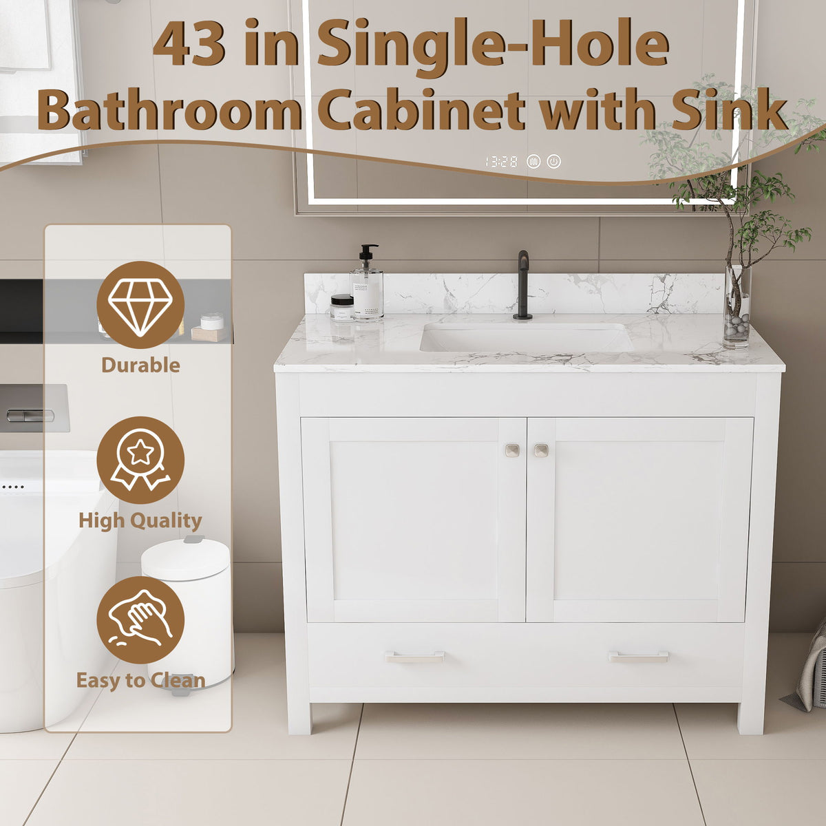 43" Bathroom Vanity With Artificial Marble Carrara Top Set, Multi Functional Cabinet With Doors And Drawer - White