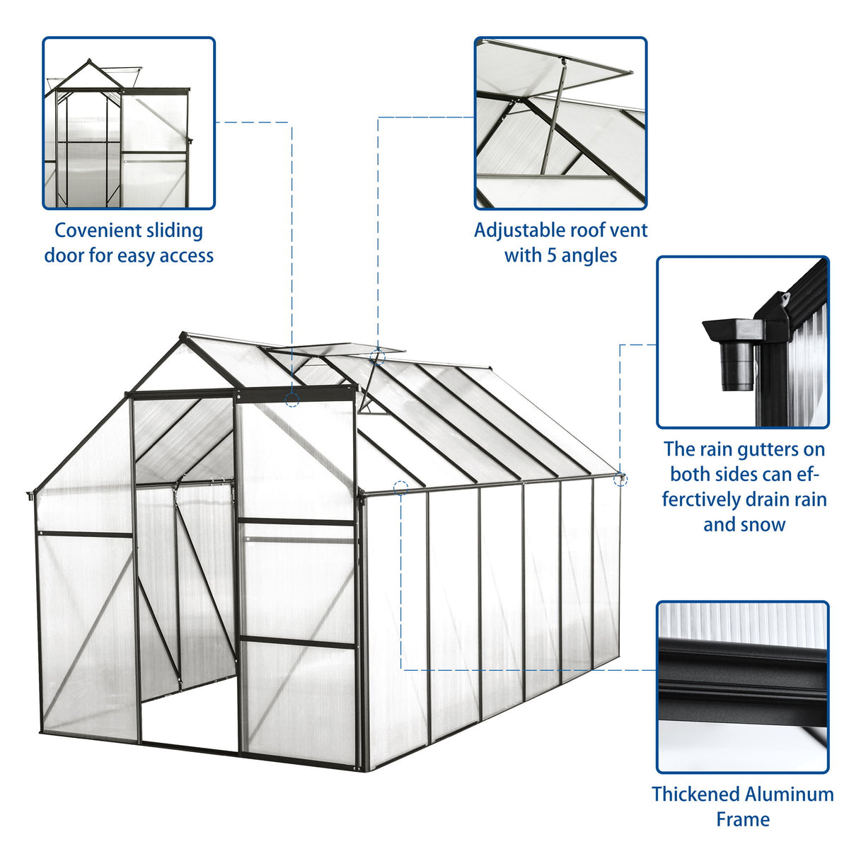 Polycarbonate house Raised Base And Anchor Aluminum Heavy Duty Walk-In houses For Outdoor Backyard In All Season