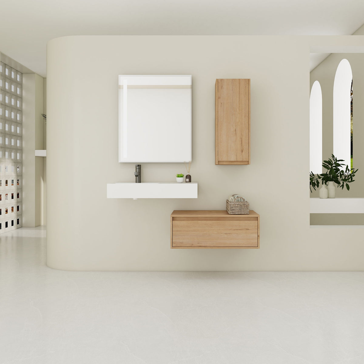 Modern Wall Mounted Bathroom Vanity With Resin Sink And Side Cabinet, Soft Close Drawer, Imitative - Imitative Oak