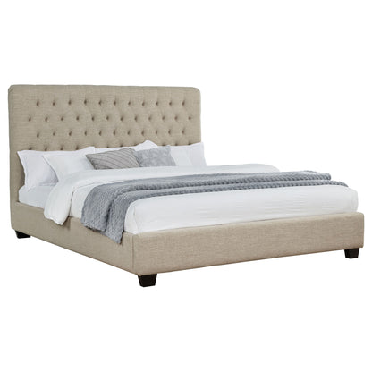 Upholstered California King Bed With Tufted Headboard And Birch Legs - Oatmeal