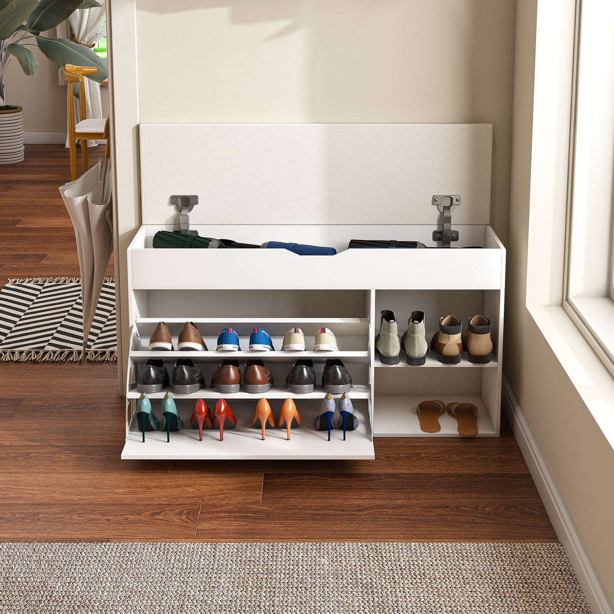 Modern Design Entryway Bench With Adjustable 3 Tier Flip-Up Drawers And Hidden Cabinet - White