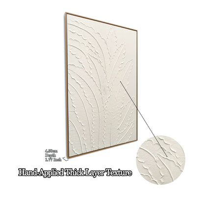 Framed Botanical Leaf Wall Art, Thick Textured Canvas Painting, Neutral Decor For Living Room - White
