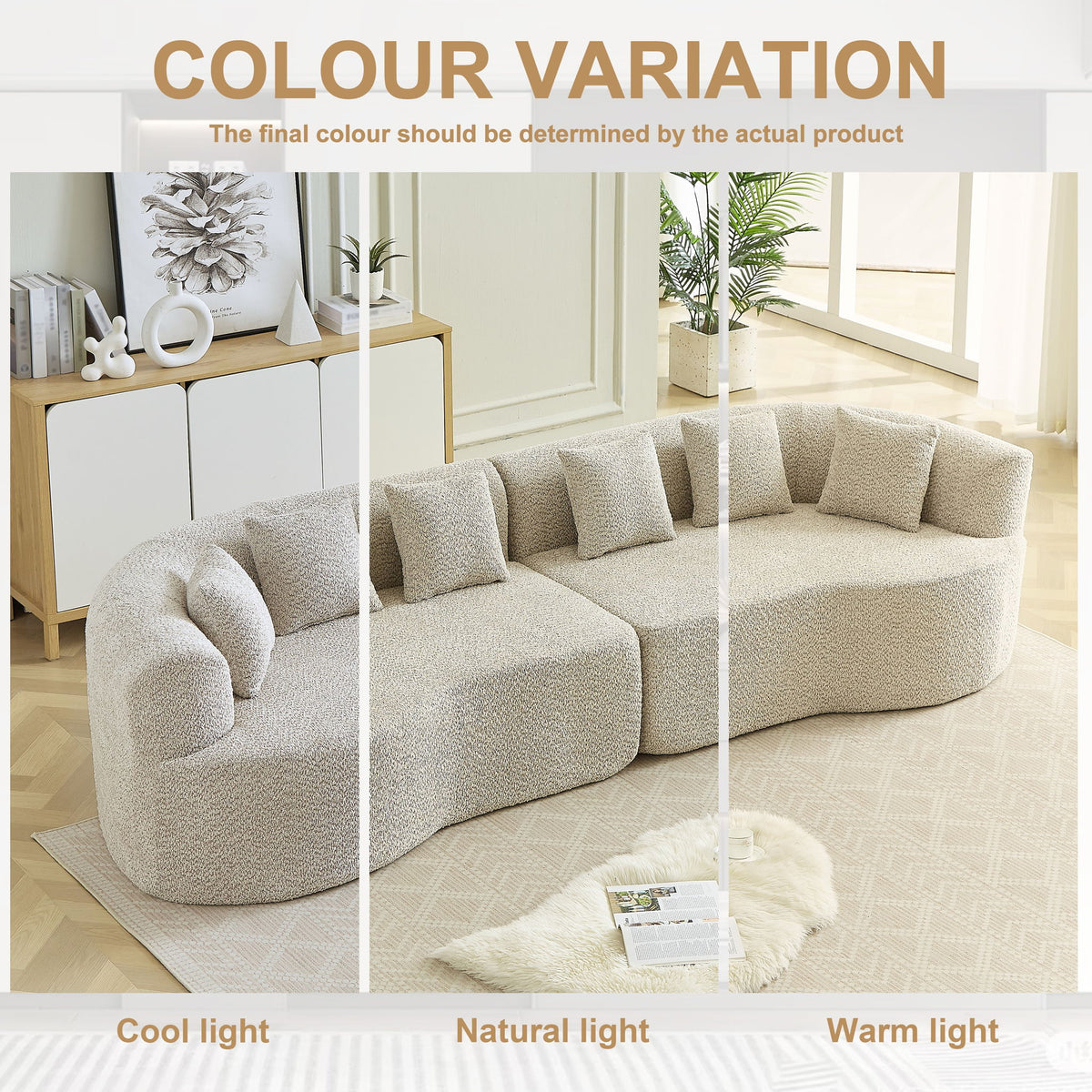 Curved Sectional Oversized Bone Free Cloud Sofa With 6 Pillows, 4 Seater With Deep Seat - Light Khaki