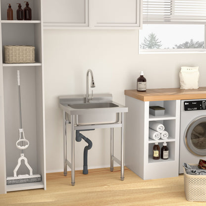 Single Bowl Utility Sink, Freestanding Commercial Kitchen Sink For Laundry Room - Brushed Nickel