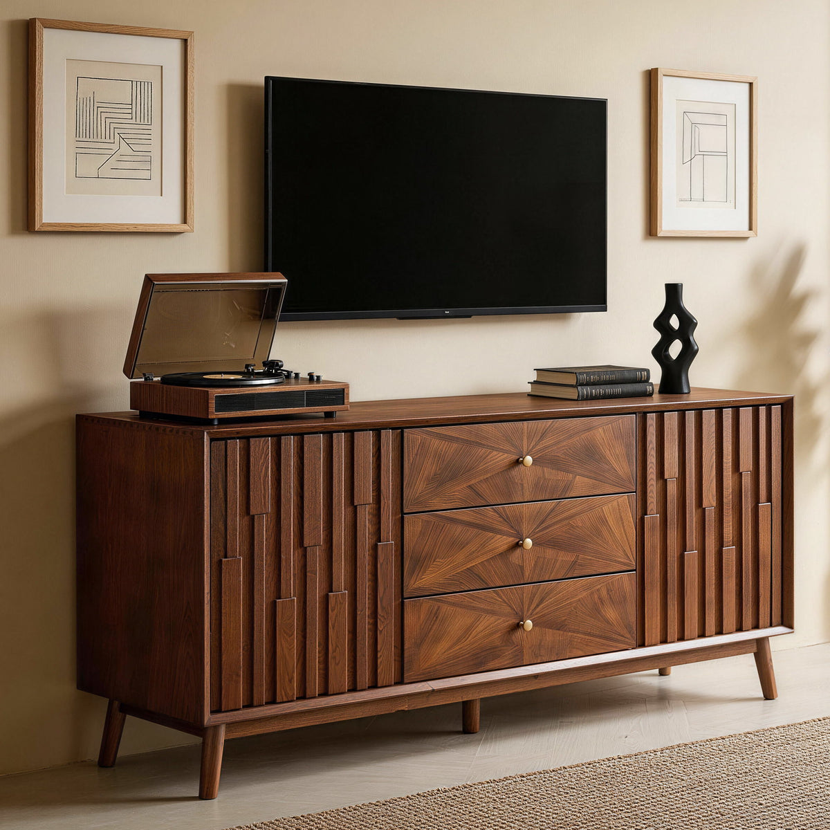 Sideboard Buffet Cabinet With 3 Drawers And 2 Storage Cabinets - Walnut