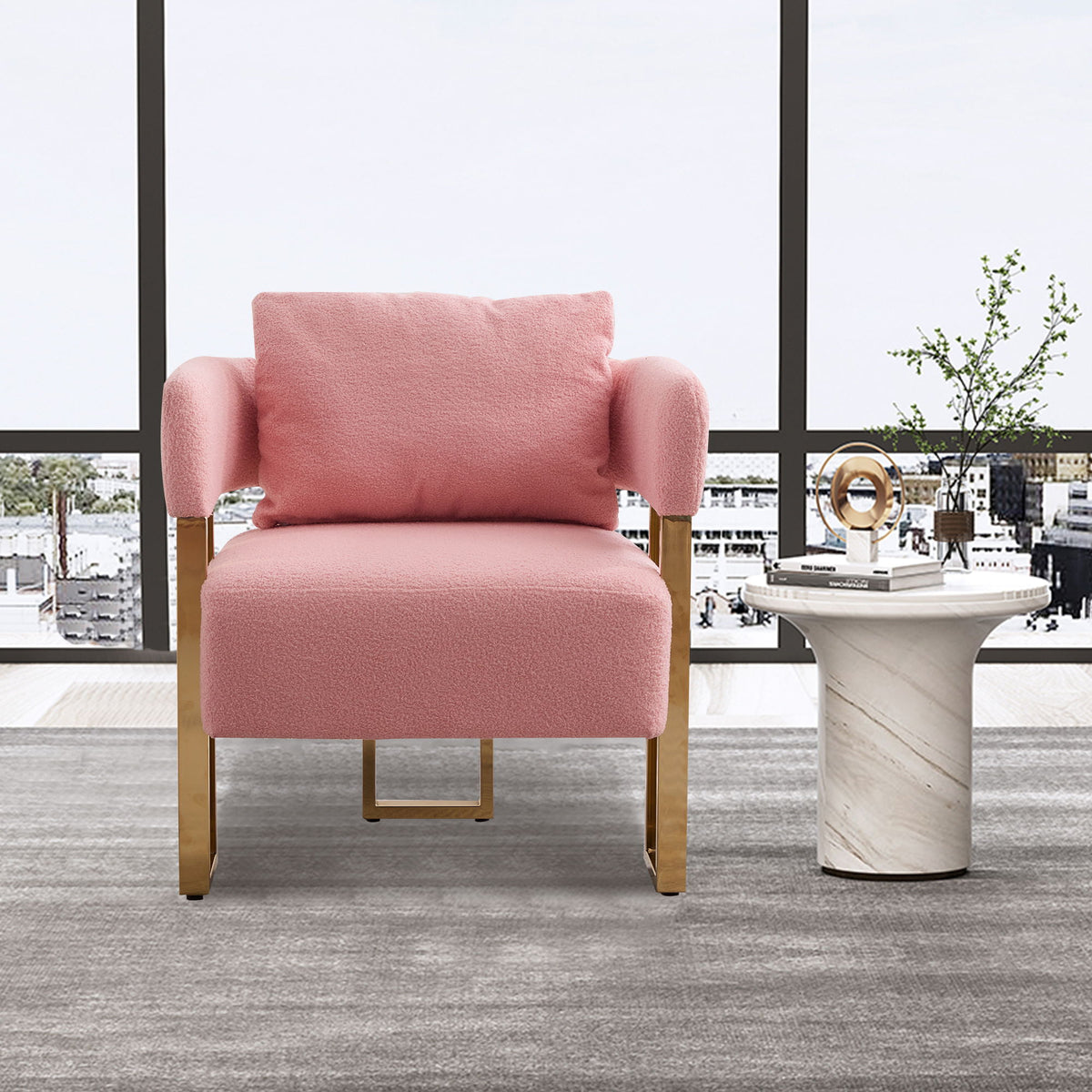 Modern Decorative Chair Teddy Fleece Upholstered And Metal Foot