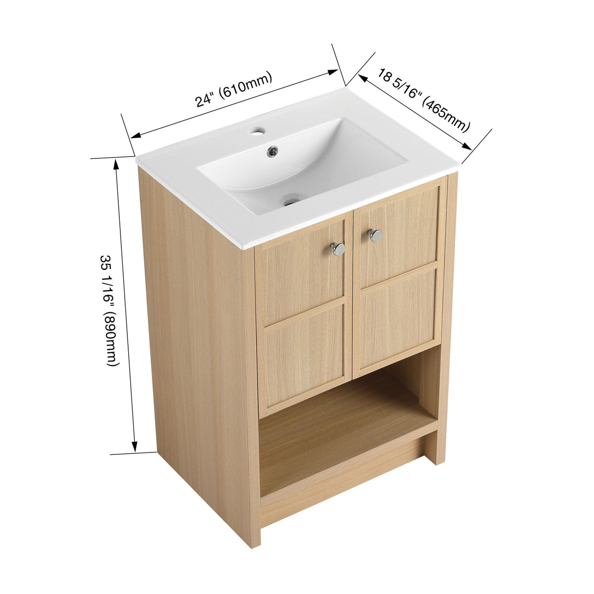 Modern 24" Freestanding Bathroom Vanity With Ceramic Sink And Soft Closing Doors - Oak