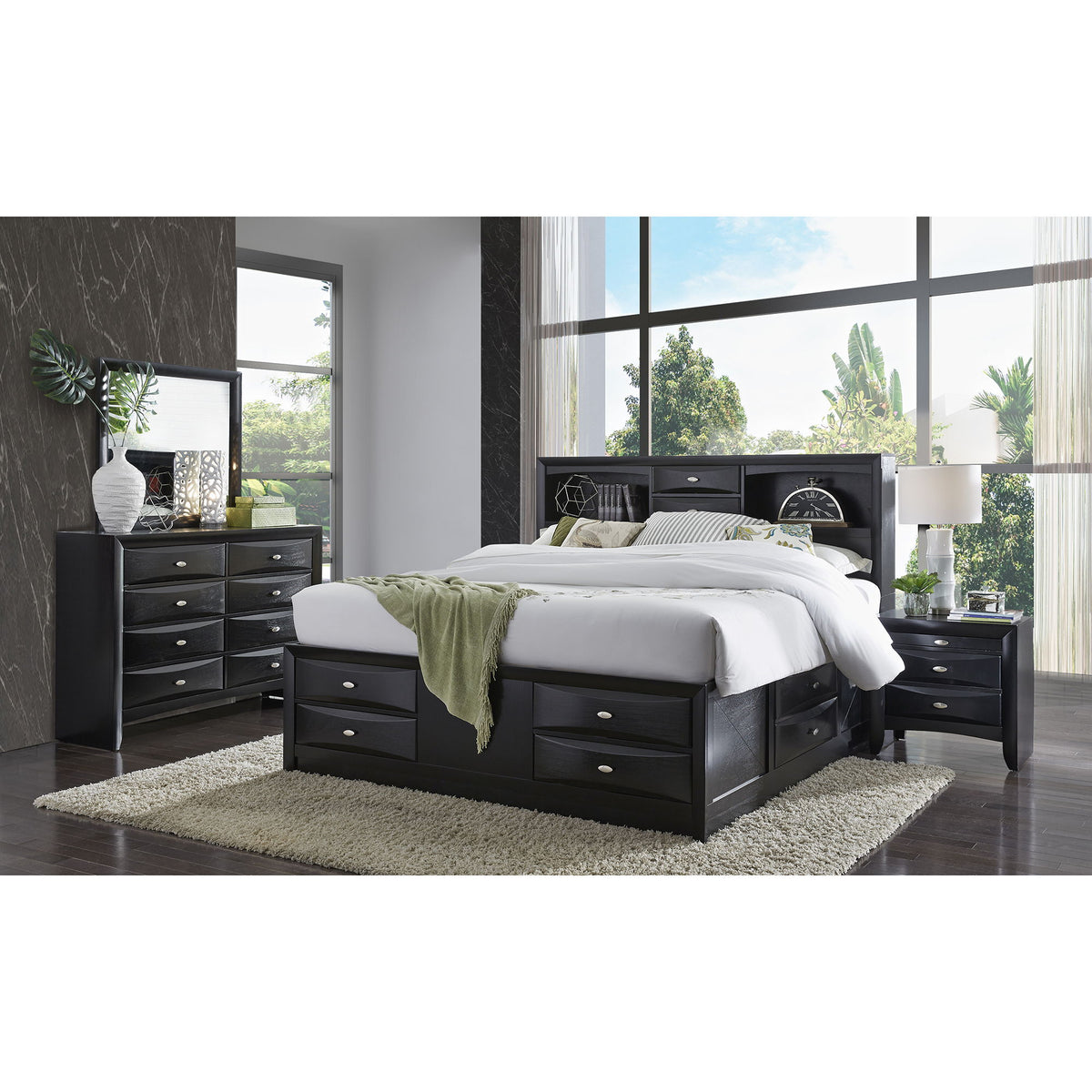 Lucille - 5 Piece Bedroom Set With Storage Drawers And Bookcase Headboard