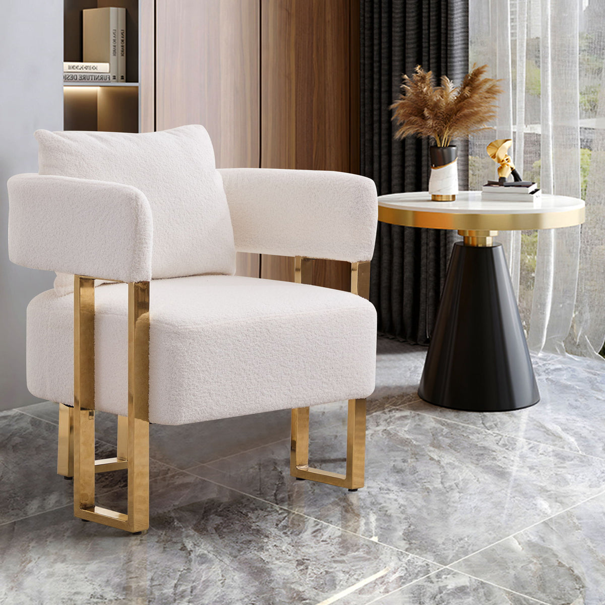 Modern Decorative Chair Teddy Fleece Upholstered And Metal Foot