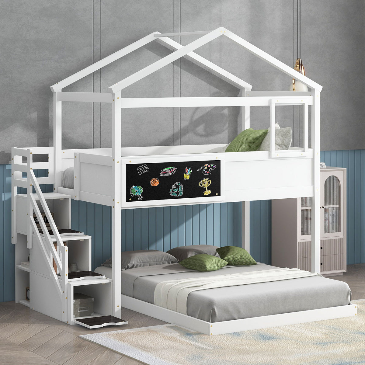 House Style Bunk Bed With Storage Staircase And board