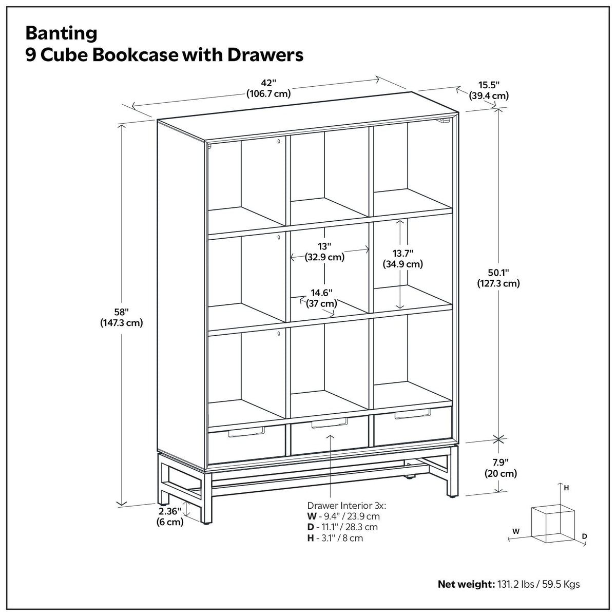 Banting - 9 Cube Bookcase With Drawers - Walnut Brown
